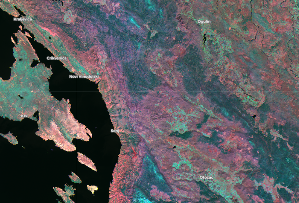 False Color Composite script showing the area around Senj, Croatia