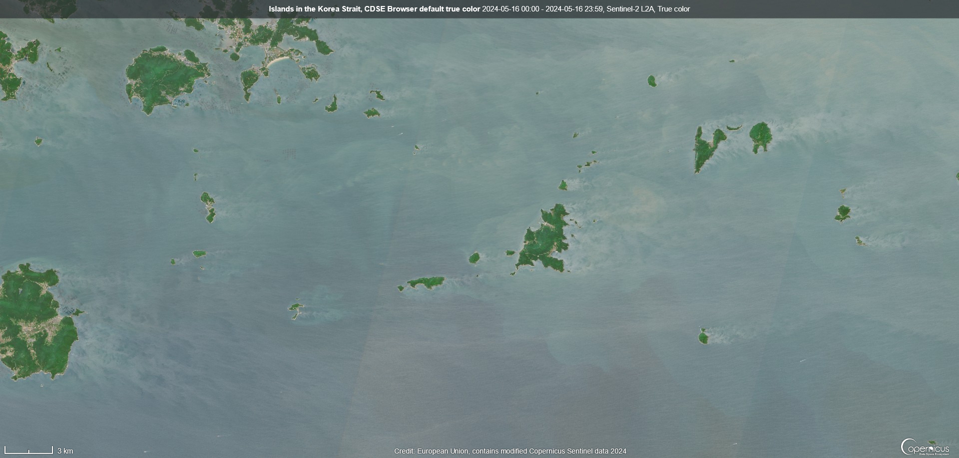 True color visualization of islands in the Korea Strait, on 16.05.2024.