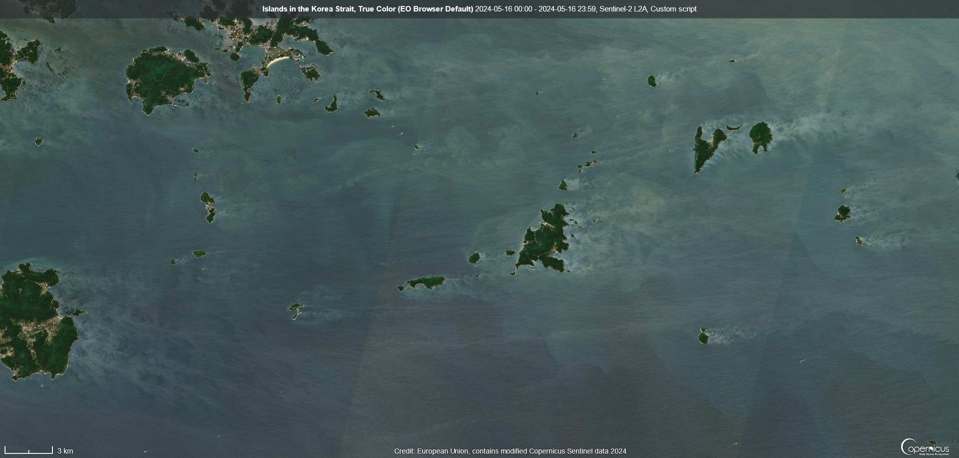 True color visualization of islands in the Korea Strait, on 16.05.2024.